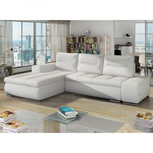Les Tendances - Canap&eacute; d'angle gauche convertible simili cuir blanc Waker 275cm