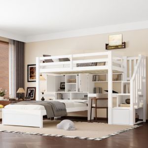 Lit superpos&eacute; enfant 90x200 cm avec bureau int&eacute;gr&eacute; et lit bas, escalier &agrave; rangements, pin+MDF, blanc