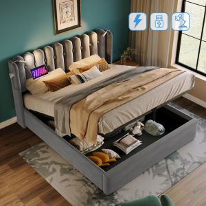 Lit capitonné lit double liseuse avec fonction de chargement tête de lit espace de rangement cadre de lit lit d'adolescent en velours 160x200 avec