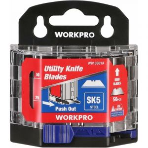 Workpro - Lame Trapèze de Cutter en SK5 avec Distributeur, Lames de Rechange pour Couteau Pliant 50 Pièces