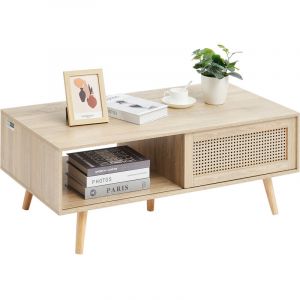VEVOR Table basse en rotin , table basse rectangulaire en rotin tresse avec plateau en MDF, table basse de rangement a deux couches de style boheme