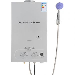 Chauffe-eau instantan&eacute; &agrave; gaz liqu&eacute;fi&eacute; 16 L 32 kW Chauffe-eau au GPL, chauffe-eau instantan&eacute; sans r&eacute;servoir avec pomme de douche galvanis&eacute;e et tuyau