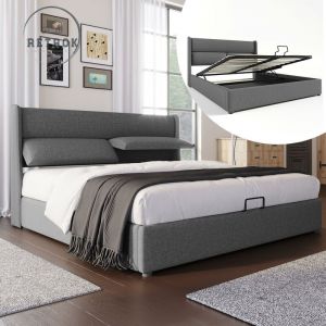 Lit coffre double lit capitonné en lin avec appuie-tête réglable lit de rangement avec sommier à lattes Sans matelas - Lit adulte gris 140x200cm