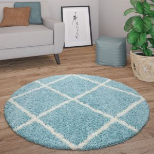 Paco Home - Tapis Shaggy Tapis Rond Salon Moderne Tapis Poils Longs Scandinave Motif Diamant Turquoise, 200 cm rond