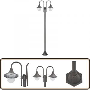 Lampadaire de jardin E27 220 cm Aluminium 2 lanternes Bronze - Lampadaire De Jardin - Éclairage Extérieur - Luminaire De Terrasse - Lumière
