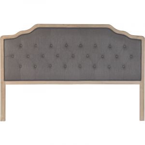 T&ecirc;te de lit capitonn&eacute;e en lin gris fonc&eacute; et bois coloris naturel - longueur 160 x profondeur 10 x Hauteur 120 cm