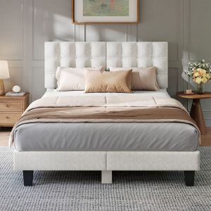 Lit Double 160x200 cm HavenlyHome - Structure de Lit avec Sommier &agrave; Lattes - Lit Capitonn&eacute; avec T&ecirc;te de Lit - Lit Adulte pour 2 Personne- BLANC