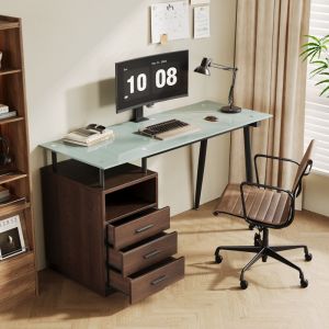 Bureau design avec plateau en verre et pi&egrave;tement en tube d'acier &ndash; 3 tiroirs, compartiments ouverts, poign&eacute;es noires &ndash; Marron, 130x50x75cm