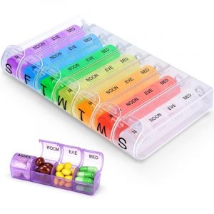 Shining House - Pilulier Semainier, Petit 7 Jours Pilulier Semainier Medicament avec 28 compartiments, Journalier Boite Medicament Multicolore