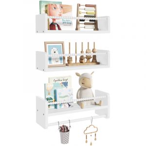 Lot de 3 &Eacute;tag&egrave;re Murale pour Enfant WOLTU, en Bois Massif, &Eacute;tag&egrave;re Livre Enfant avec Perles en Bois, Blanc, 40cm