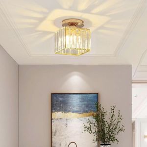 Plafonnier Moderne en Cristal LED, Luminaire Abat-jour Industriel, Lampe E27 pour Salon Couloir Salle de Bain Chambre &agrave; Coucher Cuisine Dor&eacute; Car&eacute;e