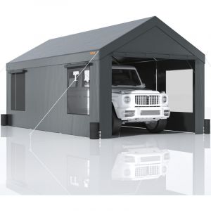 VEVOR Carport Auvent pour Voiture, Tente de Garage 3,7x6 m Abri Exterieur avec Parois Laterales Amovibles, Fenetres et Portes Ventilees Enroulables