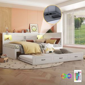 Canapé-lit enfant 140x200 cm avec lit gigogne 90x190 cm, sans matelas, LED, USB, panneaux de particules, blanc
