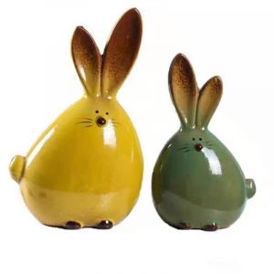 Figurine de Lapin Debout en C&eacute;ramique, Figurines de Lapin &agrave; Lues Oreilles de P&acirc;ques Ornement de Lapin Poup&eacute;e Animale de Bureau D&eacute;coration de Chambre