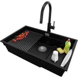 Primagran - Evier Sous Plan 76x47cm, Evier en Granit 1 bac + Robinet 40x20cm + Kit de Vidage + Égouttoir Enroulable, Évier au meuble 80cm - Prague,