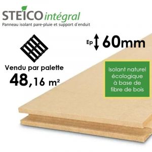 Steico &ndash; Panneau d'isolation en laine de bois 60mm R=1,50 &ndash; Triple fonction isolant, pare pluie, coupe-vent &ndash; Palette enti&egrave;re 48,16m&sup2;