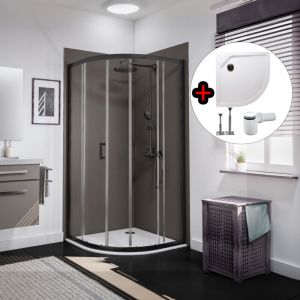 Schulte - Accès d'angle arrondi 90 x 90 x 190 cm avec portes de douche coulissantes + receveur, verre 5 mm transparent anticalcaire, profilé noir,
