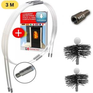 SHAFFER PRO - kit de ramonage po&ecirc;le pellet 3 m&egrave;tres - h&eacute;risson ramonage 80 mm 100 mm EASYFLEX- 6 cannes de ramonage flexible Adaptateur M12 (3m)