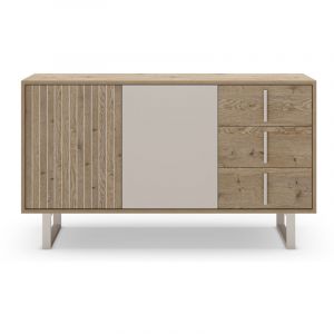 Buffet, meuble de rangement avec 2 portes et 3 tiroirs aspect bois coloris ch&ecirc;ne et m&eacute;tal coloris gris - Longueur 140 x Profondeur 40 x Hauteur 80 cm
