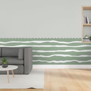 Plage - Papier peint d&eacute;coup&eacute; pr&eacute;encoll&eacute;, soubassement, festonn&eacute;, vert olive, vagues, raccordable, 83 cm x 195 cm