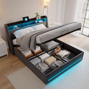 lit coffre 140 x 190 cm, lit double capitonn&eacute; 140 x 190 cm, lit hydraulique avec LED et USB, T&ecirc;te de lit avec rangement, sommier &agrave; lattes, lin, gris