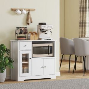 Buffet et enfilade blanc avec &eacute;tag&egrave;re micro-ondes, 3 portes, tiroir, &eacute;tag&egrave;res ajustables, rangement pour cuisine salon