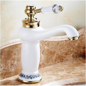 R&eacute;tro Mitigeur Robinet de Lavabo Laiton & C&eacute;ramique &Eacute;vier Bleu Et Blanc en Porcelaine &Agrave; Long Cou Vintage Floral avec l'entr&eacute;e d'eau Froide/Chaude