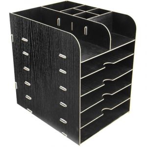 Rangement de Bureau Porte-Magazines Organisateur de table en Bois Bac &agrave; lettres avec 6 &eacute;tag&egrave;res Support de stockage Pot &agrave; stylo Classeur de Brosses