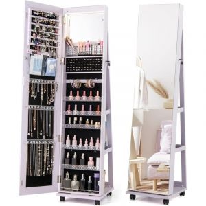 Armoire &agrave; Bijoux sur Pieds Mobile avec Miroir Psych&eacute; sans Cadre, Lumi&egrave;res LED et Miroir de Maquillage Int&eacute;gr&eacute;, Verrouillable, Violet