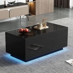 Table basse noire avec plateau relevable, 2 tiroirs et LED, 95x48x40 cm