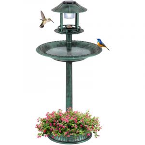 Bain d'oiseaux 3 en 1 Énergie Solaire, Décoration d'Extérieur sur Pied Rétro Éclairé avec Lampe, Abreuvoir pour Oiseaux Léger pour Jardin, Bronze Vert