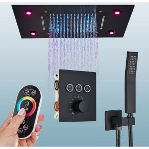 Ensemble de Douche Noir Syst&egrave;me de Douche LED Colonne de Douche Encastrable avec Affichage Num&eacute;rique, 49cm&times;35cm T&ecirc;te de Douche, Douchette &agrave; Mains,