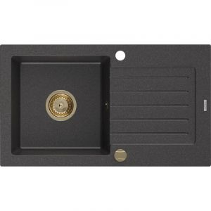 Mexen - Pablo évier en granit à 1 cuve avec égouttoir 752 x 436 mm, Noir moucheté, siphon Or - 6510751010-76-G