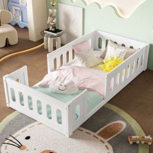 Lit au sol - lit 90x200 cm - avec garde-corps - en bois blanc - sans matelas