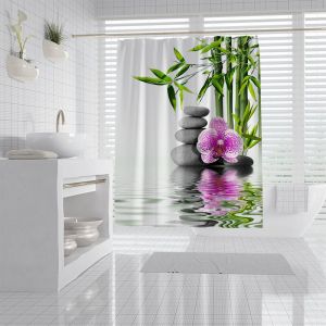 BEBUSINGOTO Rideau de Douche Anti Moisissure Galet Zen Imprim&eacute; Rideau Douche Tissu Imperm&eacute;able Polyester 180x200 cm 3D Orchidee Bambou Rideaux de