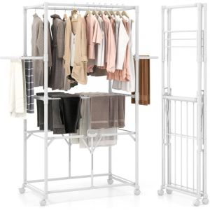 COSTWAY Grand S&eacute;choir &agrave; Linge Pliable en Alu, &Eacute;tendoir &agrave; Linge a roulettes 174 CM, 10 Barres, 2 Tringles, 2 Ailes Lat&eacute;rales, &Eacute;tag&egrave;re Rabattable,