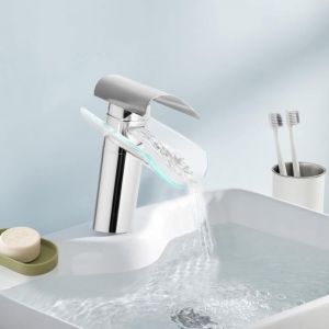 Robinet &agrave; trou unique en tuiles, mitigeur en verre pour lavabo salle de bain robinet cascade &agrave; commande unique, hauteur 17,5 cm