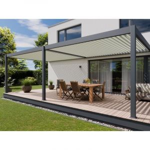 Direct Abris - Pergola Bioclimatique Aluminium Adossee 32m2 - 4x8 - Anthracite - Lames Orientables Jusqu'a 120° - Etanche - Traite Anti-UV - halo