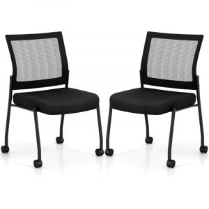 COSTWAY Lot de 2 Chaises de Salles de R&eacute;union Empilables, Chaises de Bureau en Maille avec roulettes, Fauteuil de R&eacute;ception Rembourr&eacute; pour Bureau,