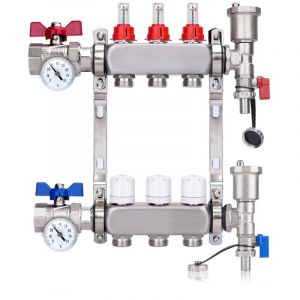 Kit Collecteur Radiateur, 3 Circuits Distributeur Chauffage, avec Thermom&egrave;treavec, Vannes &agrave; Boisseau Sph&eacute;rique 1", avec Purgeur Manuel et D&eacute;bitm&egrave;tre,