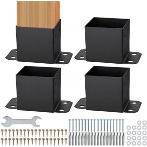 VEVOR Lot de 4 Support de Poteau Bois 6''x6'' 152x152 mm Base de Poteau Interne 142x142 mm Acier au Carbone Revetement en Poudre Ancrage de Poteau