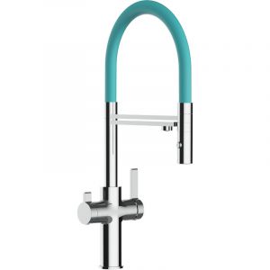 Robinet de Cuisine Mitigeur 3 voies chrom&eacute; bec turquoise orientable et douchette 2 jets d&eacute;tachable FC VIZIO