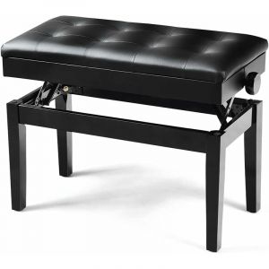 Tabouret Banc Banquette de Piano avec Coffre de Rangement, Hauteur Réglable de 45 à 54 cm, en Bois Massif et Cuir pu, Charge Maximale 120 kg, Noir,