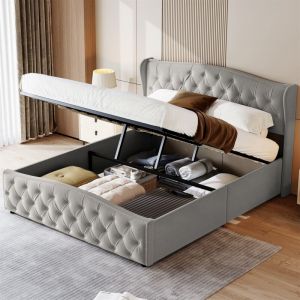 Dans Les Nuages &ndash; Lit coffre 160x200 cm &ndash; T&ecirc;te de lit ondul&eacute;e en flanelle &ndash; Rangement hydraulique &ndash; Sommier &agrave; lattes &ndash; Charge 250 kg