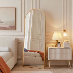 Genki - Miroir de Sol Pleine Longueur Bomb&eacute;, 165x60 cm, Grand Miroir Mural Dor&eacute; Cadre en Aluminium Verre Tremp&eacute;, Inclinable ou Suspensible - Salon,