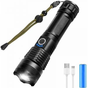 Lampe de Poche LED Ultra Puissante 5000 Lumens Rechargeable par USB, Tactique Extr&ecirc;mement Lumineuse Lampe Torche, 5 Modes Zooma