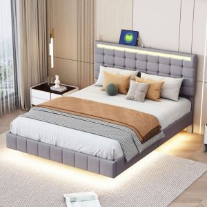 Lit 140x190,lit double capitonn&eacute;,lit adulte,avec sommier &agrave; lattes, t&ecirc;te de lit r&eacute;glable, chargement USB, lumi&egrave;re LED r&eacute;glable, tissu en lin, gris