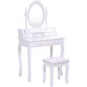 Goplus - Coiffeuse - Table de Maquillage – 1 Miroir et 1 Tabouret et 2 Tiroirs - Miroir Pivotant – Design Moderne, Blanche