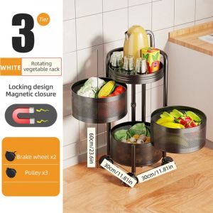 Tagère de rangement rotative à 3 niveaux pour légumes de cuisine, étagère à fruits, chariot de rangement sur roulettes avec maille creuse, chariot