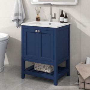 Tanant - Meuble sous vasque simple 60 cm, Meuble de salle de bain avec vasque en céramique, porte de rangement, bois massif, design moderne, Bleu